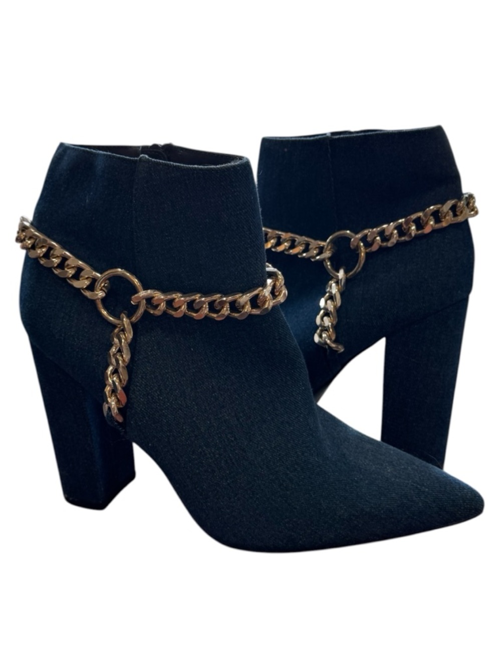 Denim Ankle Heeled Booties with Gold Chain Accent - Women